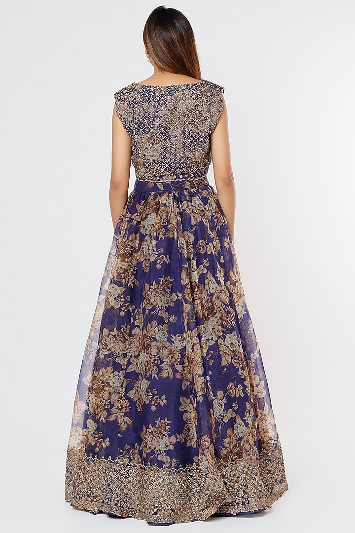 Dark Blue Silk Organza Floral Embroidered Wedding Lehenga Set by Astha Narang at Pernia's Pop Up Shop