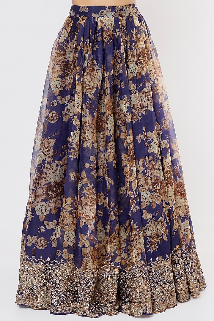 Dark Blue Silk Organza Floral Embroidered Wedding Lehenga Set by Astha Narang at Pernia's Pop Up Shop