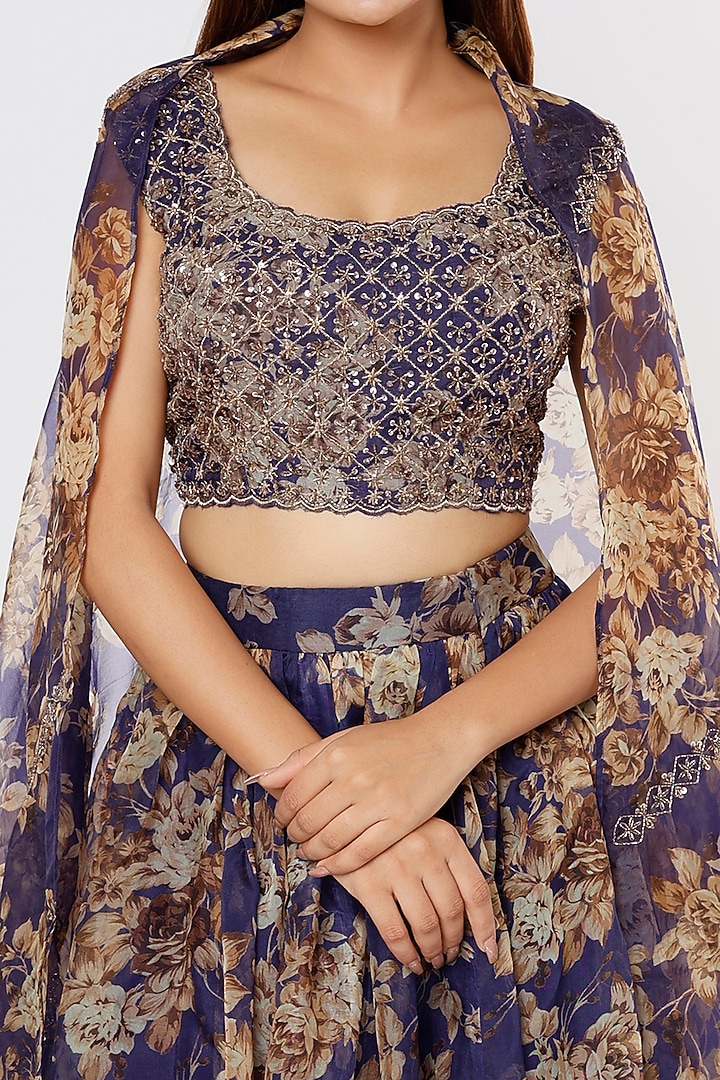 Dark Blue Silk Organza Floral Embroidered Wedding Lehenga Set by Astha Narang at Pernia's Pop Up Shop