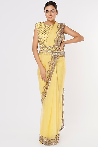 Butter Yellow Embroidered Saree Set by Astha Narang