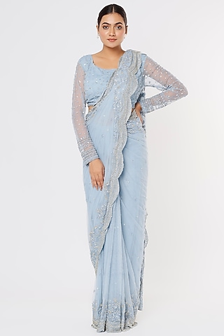 Powder Blue Embroidered Saree Set by Astha Narang