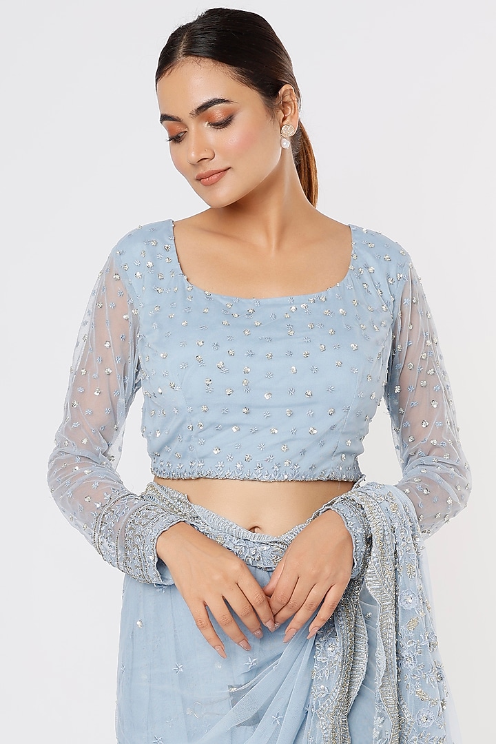 Powder Blue Embroidered Reception Saree Set by Astha Narang at Pernia's Pop Up Shop