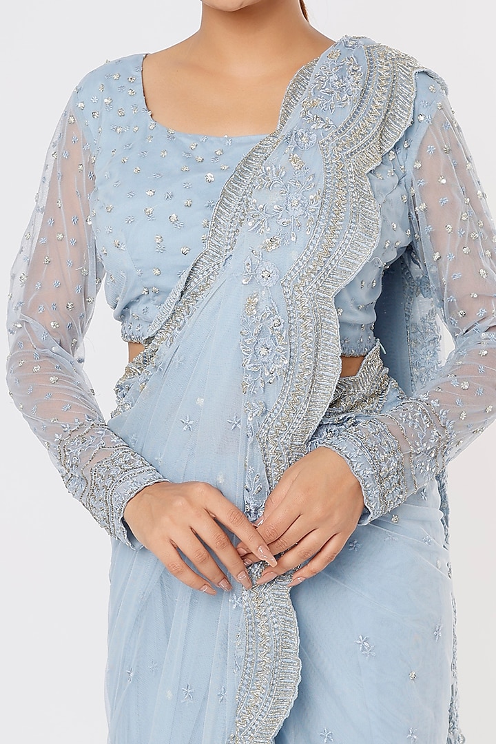 Powder Blue Embroidered Reception Saree Set by Astha Narang at Pernia's Pop Up Shop
