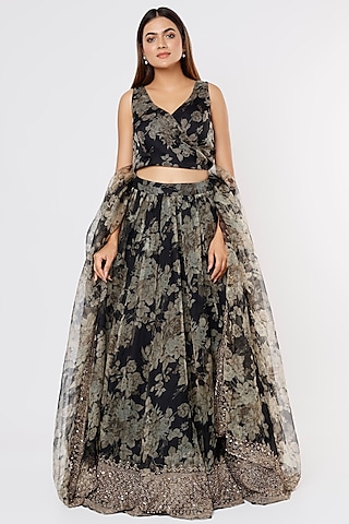 Black Silk Organza Floral Embroidered Floral Lehenga Set by Astha Narang