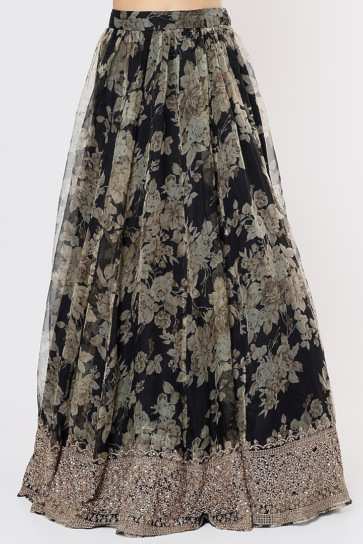 Black Silk Organza Floral Embroidered Floral Wedding Lehenga Set by Astha Narang at Pernia's Pop Up Shop