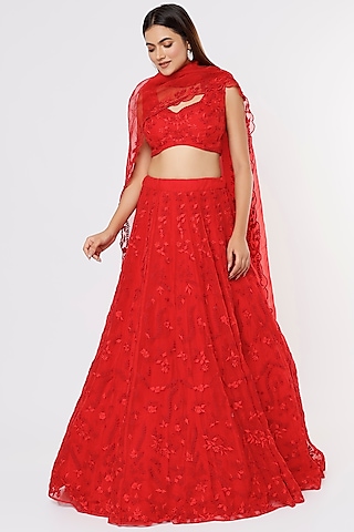 Fiery Red Organza Embroidered Lehenga Set by Astha Narang