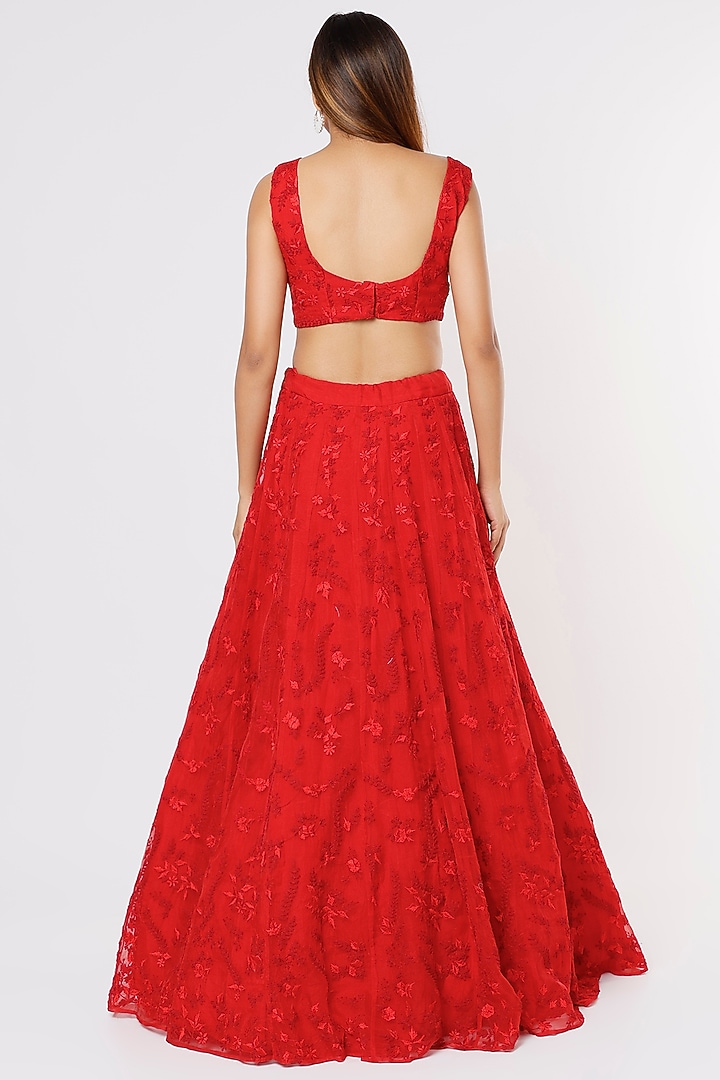 Fiery Red Organza Embroidered Wedding Lehenga Set by Astha Narang at Pernia's Pop Up Shop
