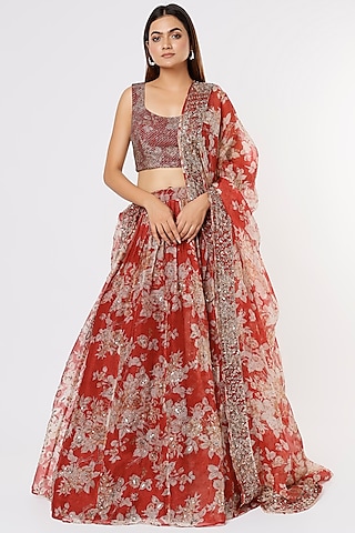 Crimson Red Silk Organza Floral Embroidered Lehenga Set by Astha Narang