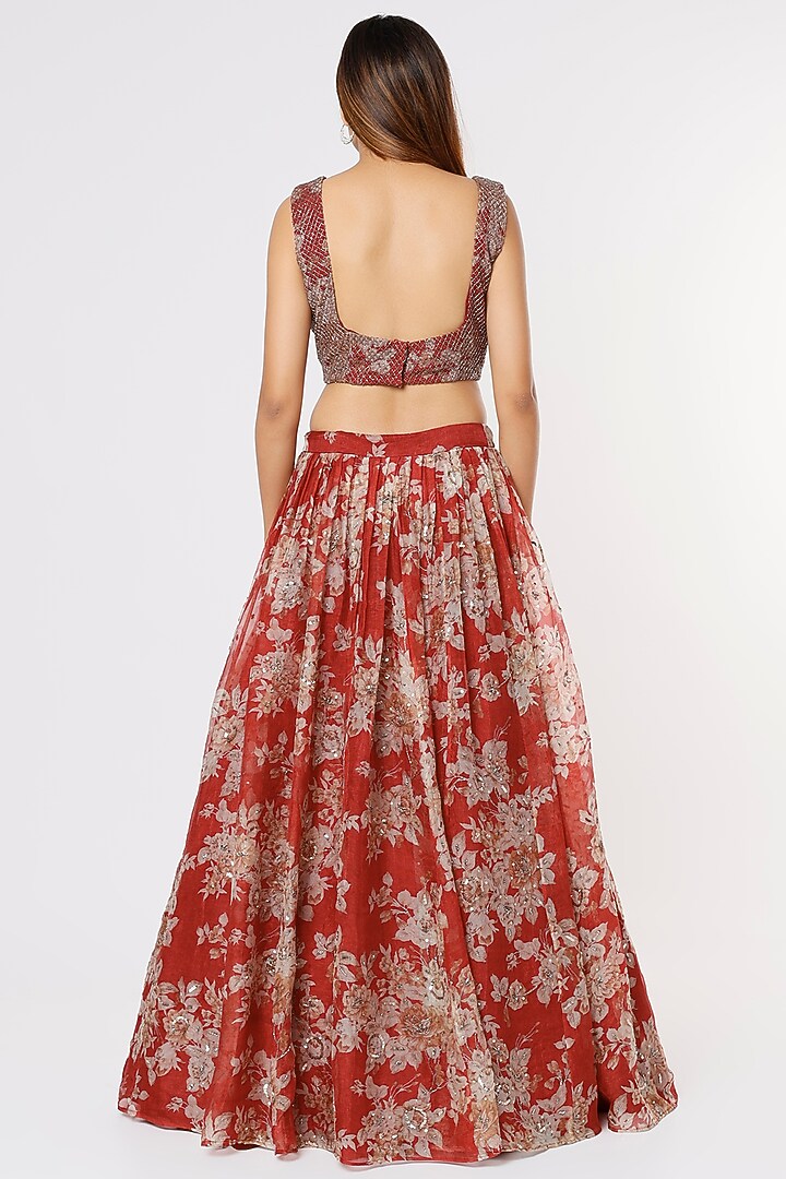 Crimson Red Silk Organza Floral Embroidered Wedding Lehenga Set by Astha Narang at Pernia's Pop Up Shop