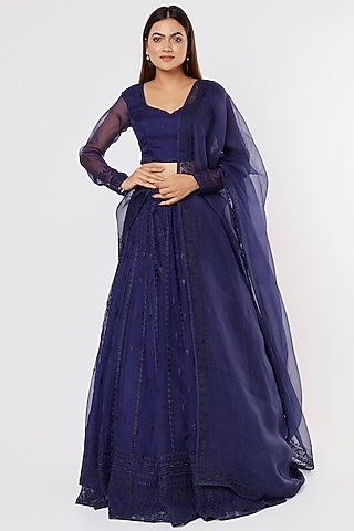Midnight Blue Raw Silk Organza Embroidered Lehenga Set by Astha Narang