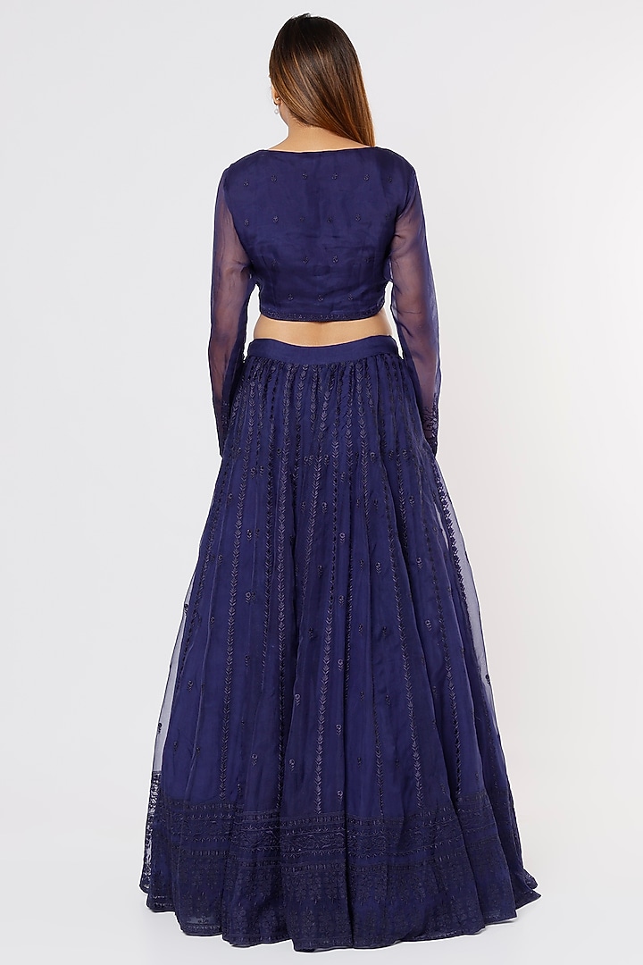 Midnight Blue Raw Silk Organza Embroidered Wedding Lehenga Set by Astha Narang at Pernia's Pop Up Shop