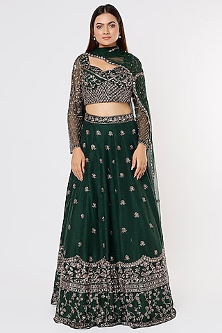 Emerald Green Raw Silk Embroidered Lehenga Set by Astha Narang