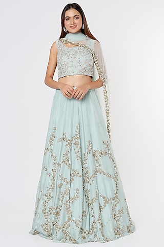 Powder Blue Raw Silk Organza Embroidered Lehenga Set by Astha Narang