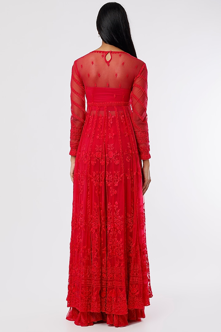 Carmine Red Embroidered Wedding Anarkali Set by Astha Narang at Pernia's Pop Up Shop