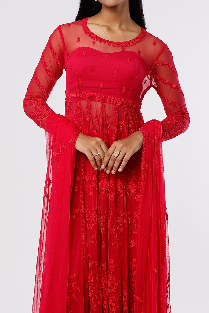 Carmine Red Embroidered Wedding Anarkali Set by Astha Narang at Pernia's Pop Up Shop