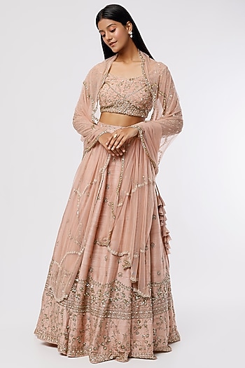 Blush Pink Raw Silk & Net Sequins Embroidered Bridal Lehenga Set by Astha Narang at Pernia's Pop Up Shop