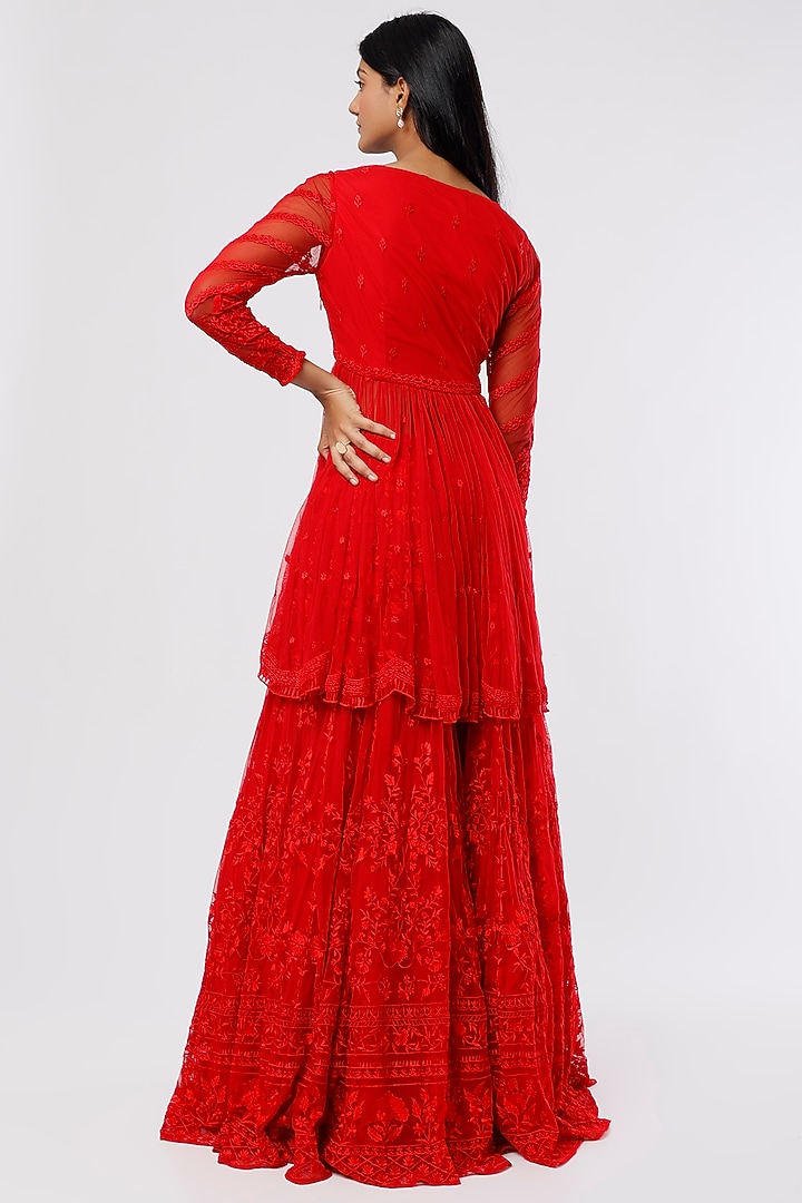 Cherry Red Net Bridal Sharara Set by Astha Narang at Pernia's Pop Up Shop