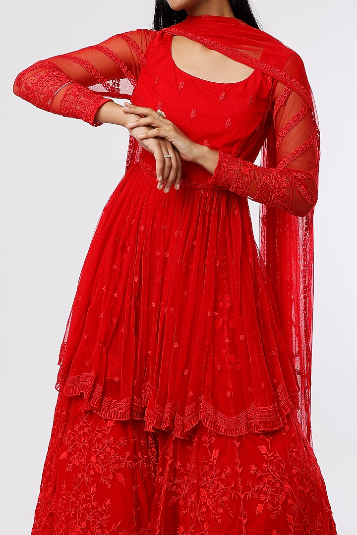 Cherry Red Net Bridal Sharara Set by Astha Narang at Pernia's Pop Up Shop