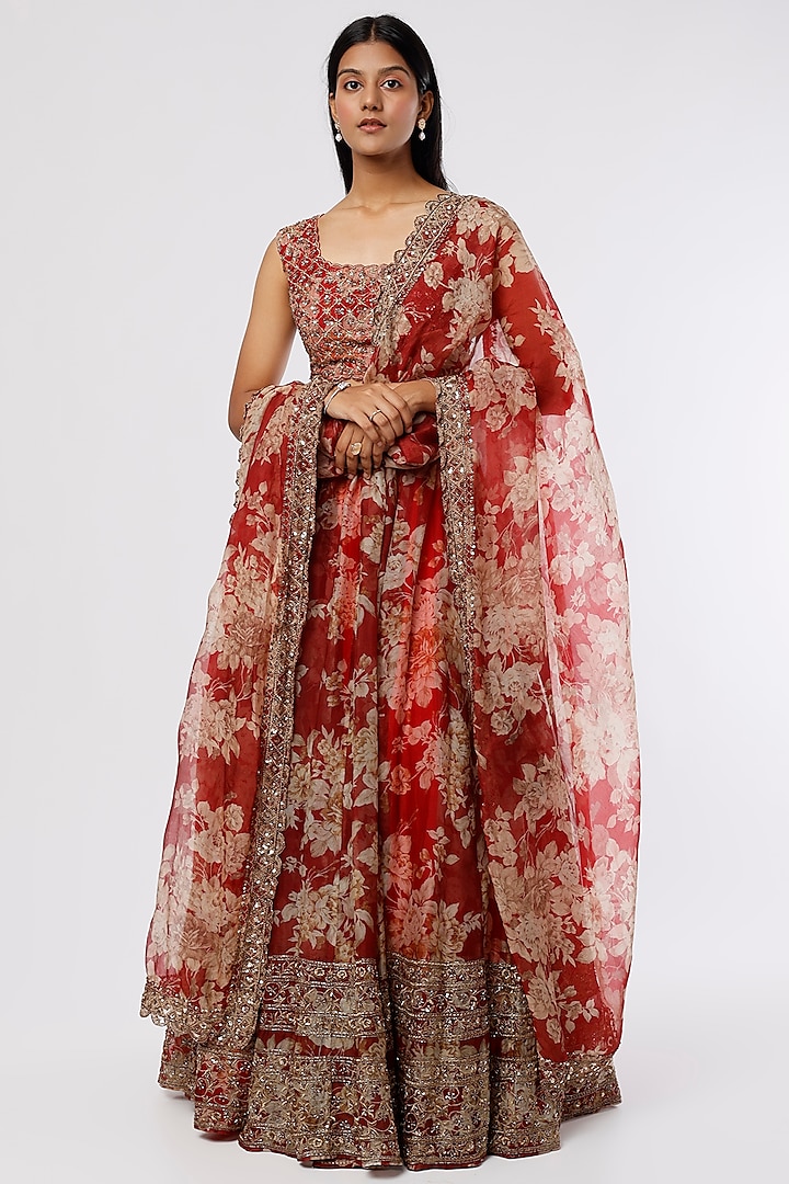 Crimson Red Silk Organza Floral Printed & Embroidered Lehenga Set by Astha Narang