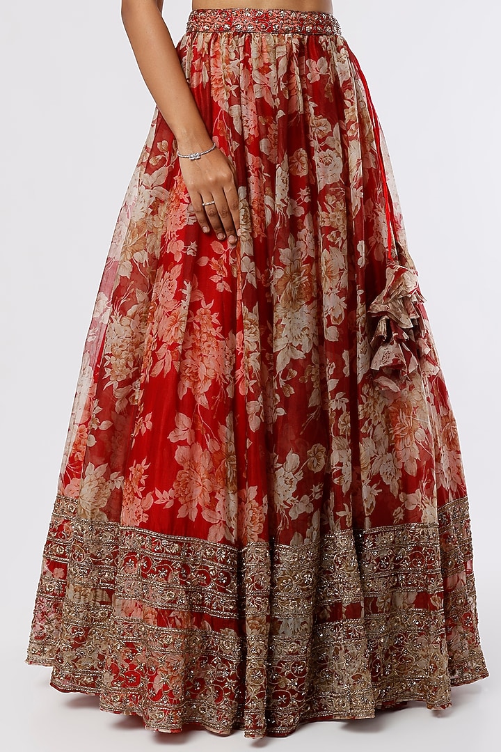 Crimson Red Silk Organza Floral Printed & Embroidered Wedding Lehenga Set by Astha Narang at Pernia's Pop Up Shop