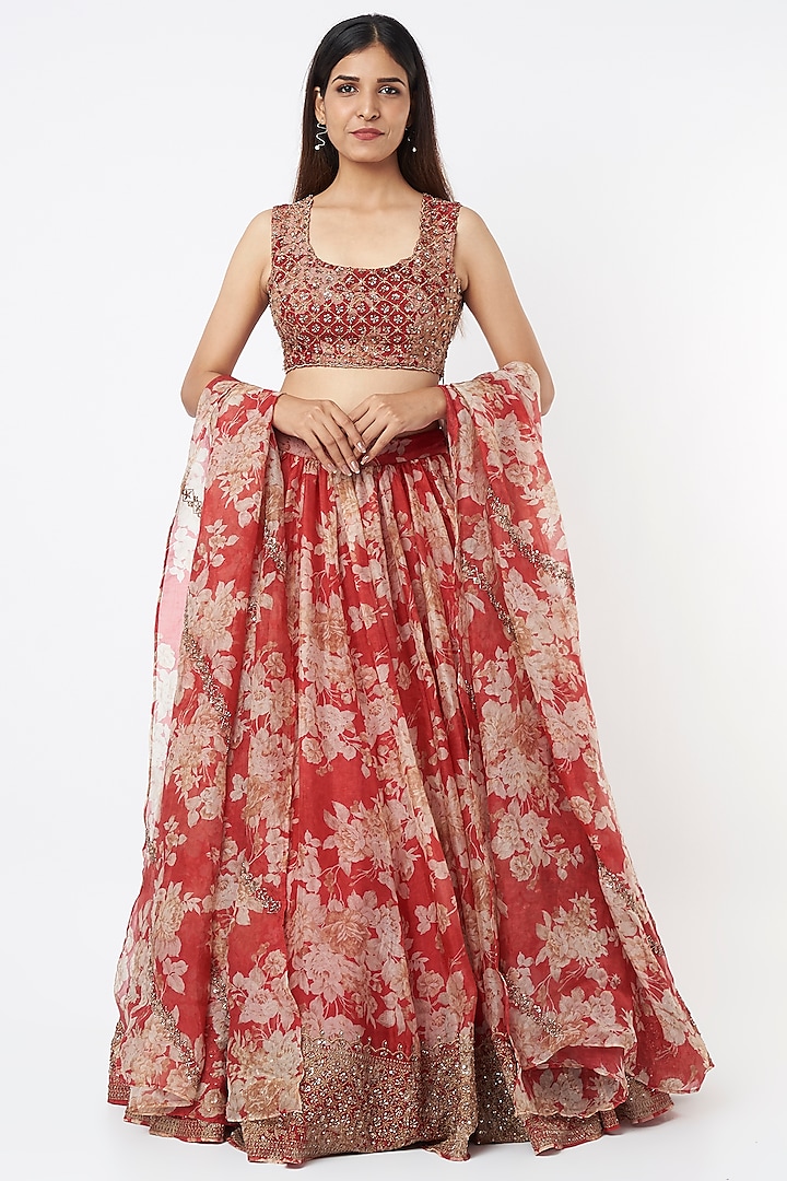 Red Organza & Crepe Floral Printed Lehenga Set by Astha Narang