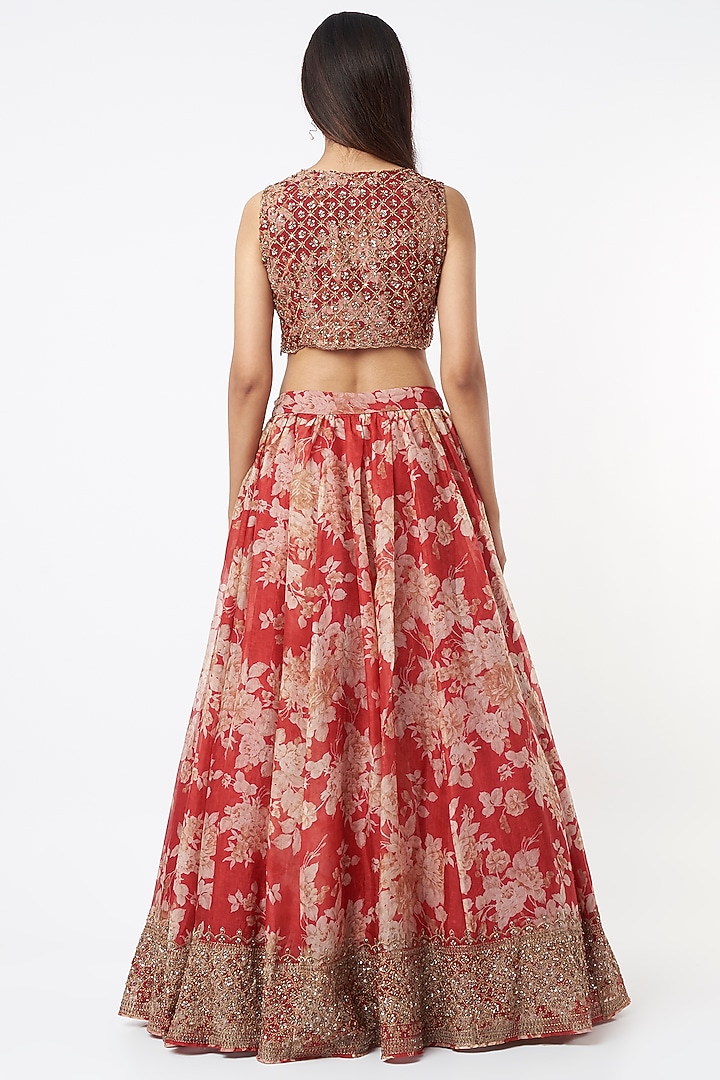 Red Organza & Crepe Floral Printed Wedding Lehenga Set by Astha Narang at Pernia's Pop Up Shop