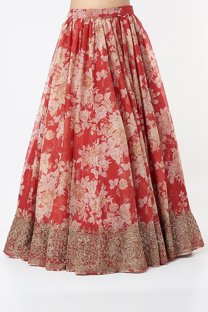 Red Organza & Crepe Floral Printed Wedding Lehenga Set by Astha Narang at Pernia's Pop Up Shop