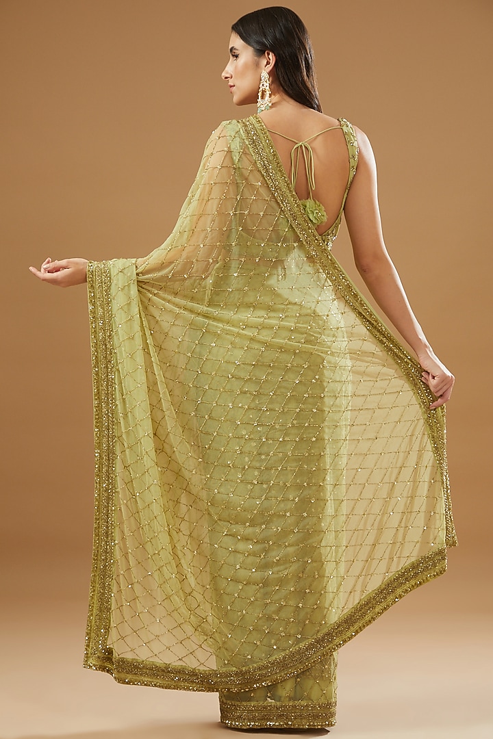 Mint Green Net Reception Saree Set by Astha Narang at Pernia's Pop Up Shop
