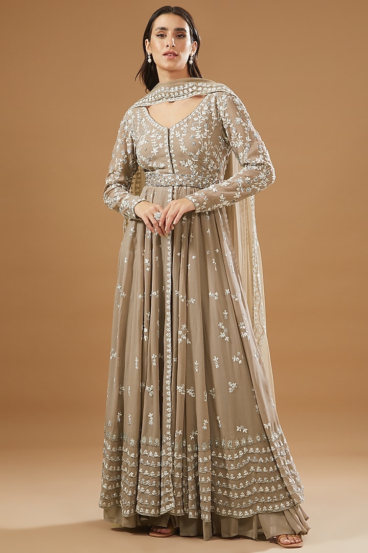 Grey Georgette Embroidered Jacket Set by Astha Narang at Pernia's Pop Up Shop