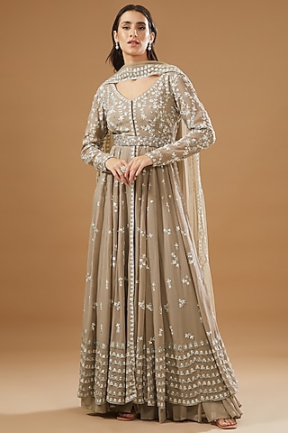 Grey Georgette Embroidered Jacket Set by Astha Narang