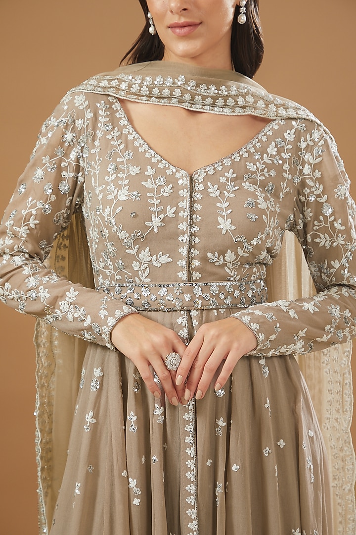 Grey Georgette Embroidered Jacket Set by Astha Narang at Pernia's Pop Up Shop