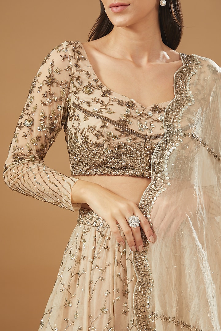 Peach Organza Jaal Embroidered Bridal Lehenga Set by Astha Narang at Pernia's Pop Up Shop