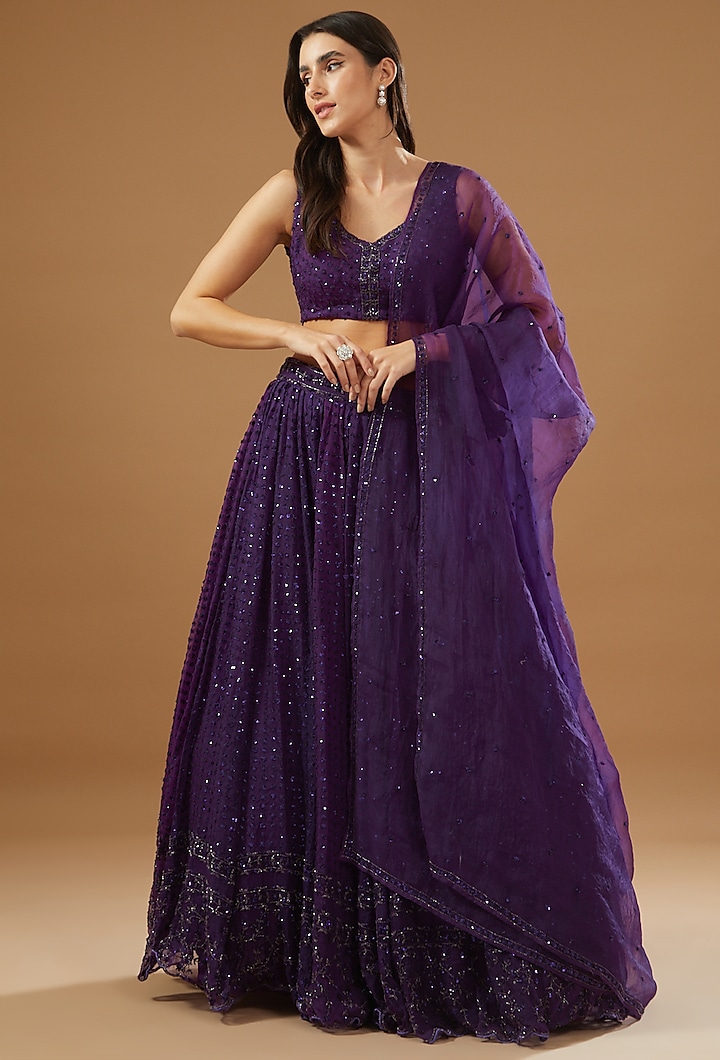 Purple Shimmer Organza Embroidered Bridal Lehenga Set by Astha Narang at Pernia's Pop Up Shop