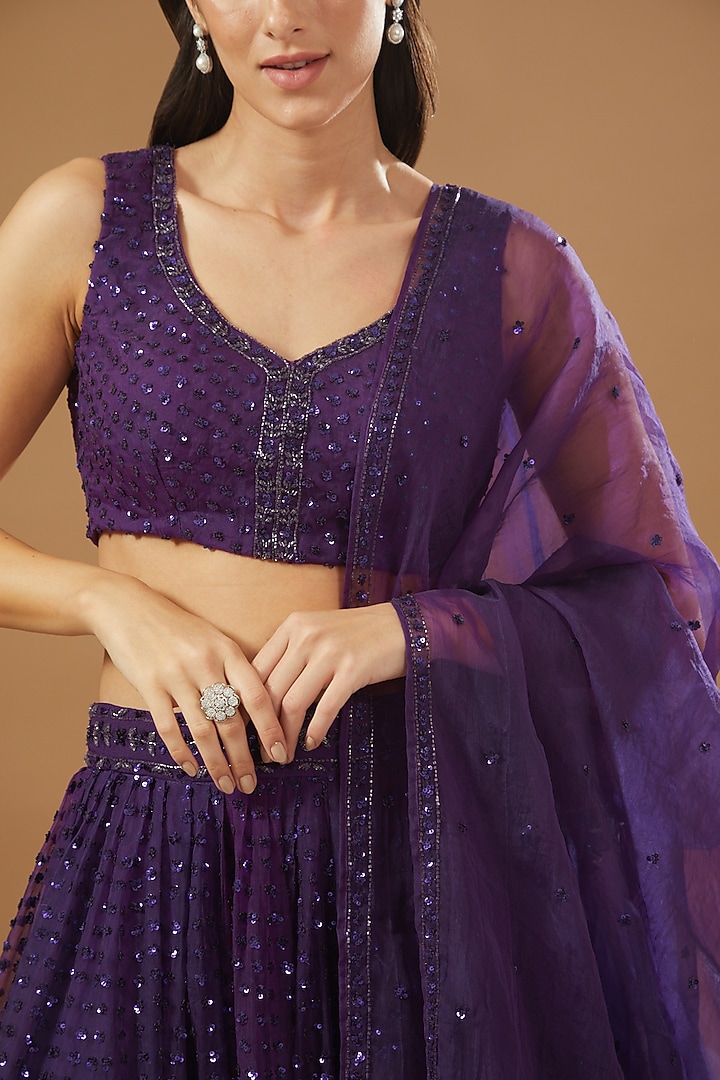 Purple Shimmer Organza Embroidered Bridal Lehenga Set by Astha Narang at Pernia's Pop Up Shop