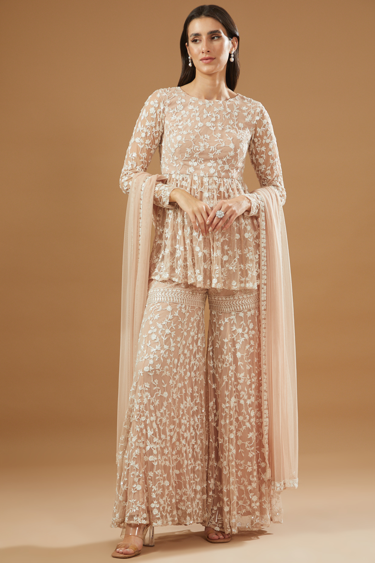 Beige Net Embroidered Bridal Sharara Set by Astha Narang at Pernia's Pop Up Shop