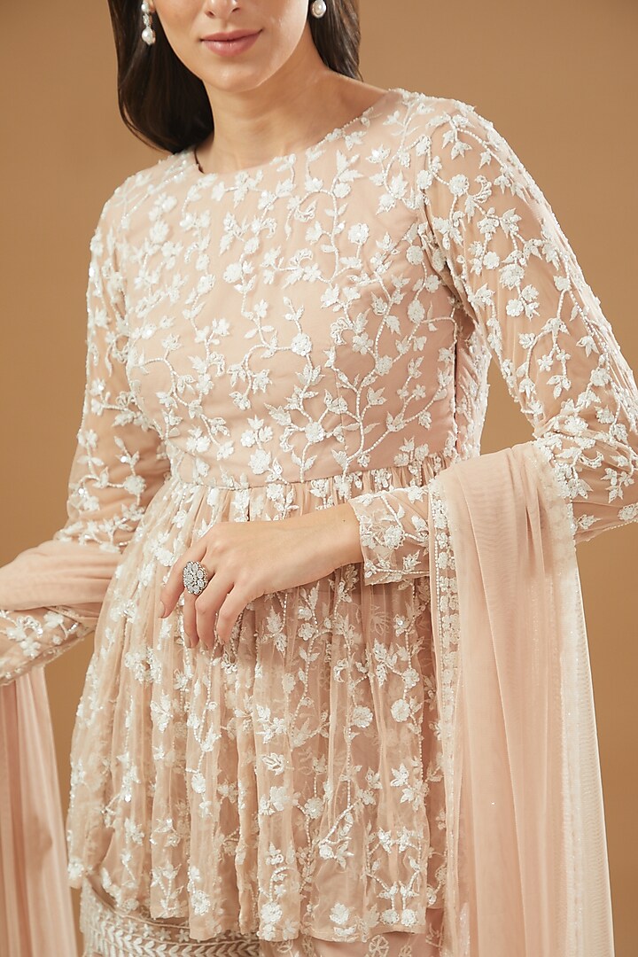Beige Net Embroidered Bridal Sharara Set by Astha Narang at Pernia's Pop Up Shop