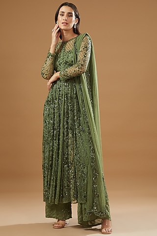 Olive Green Net Jacket Set by Astha Narang