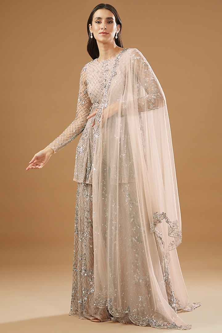 Pink Net Embroidered Bridal Sharara Set by Astha Narang at Pernia's Pop Up Shop