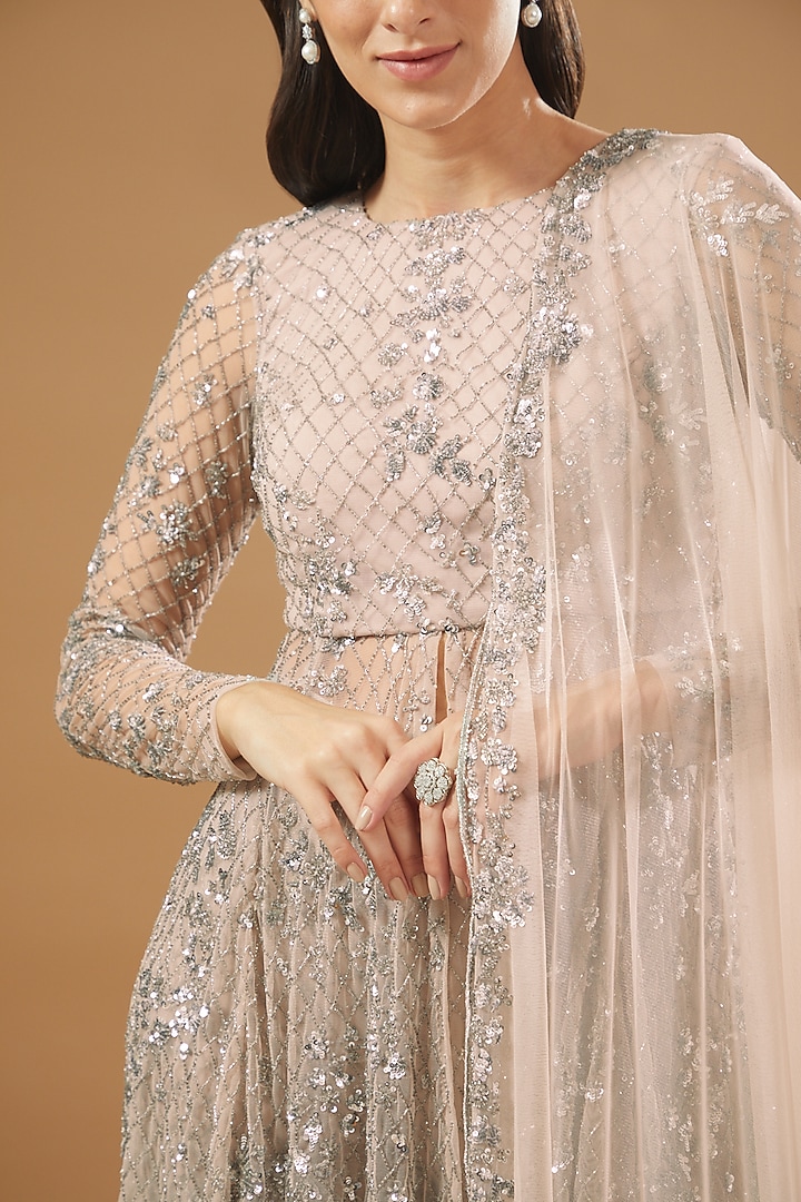Pink Net Embroidered Bridal Sharara Set by Astha Narang at Pernia's Pop Up Shop