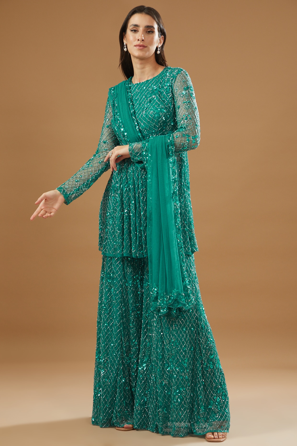 Sea Green Color Georgette Readymade Sharara Suit