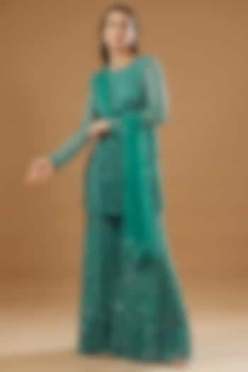 Teal Green Net Embroidered Sharara Set by Astha Narang at Pernia's Pop Up Shop