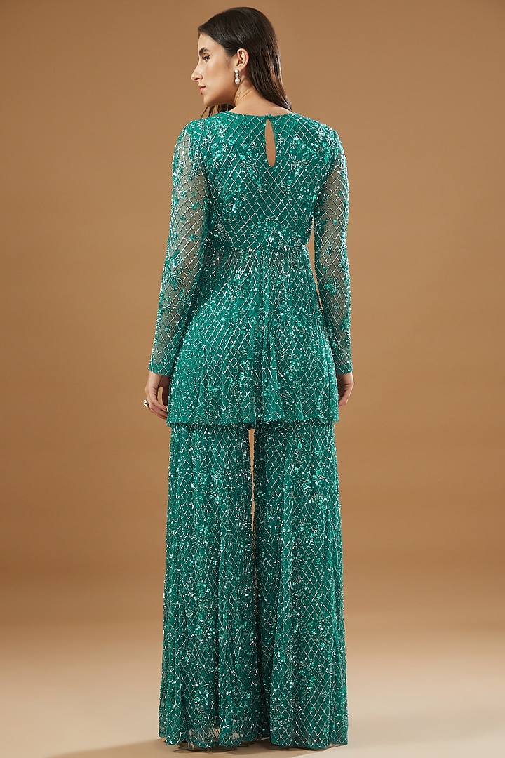 Teal Green Net Embroidered Bridal Sharara Set by Astha Narang at Pernia's Pop Up Shop