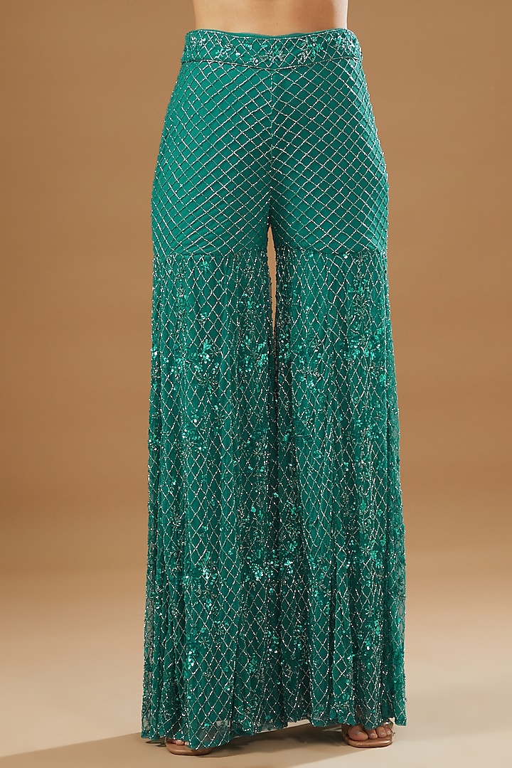Teal Green Net Embroidered Bridal Sharara Set by Astha Narang at Pernia's Pop Up Shop