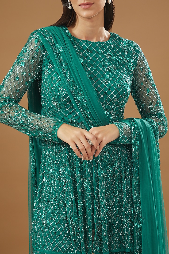 Teal Green Net Embroidered Bridal Sharara Set by Astha Narang at Pernia's Pop Up Shop