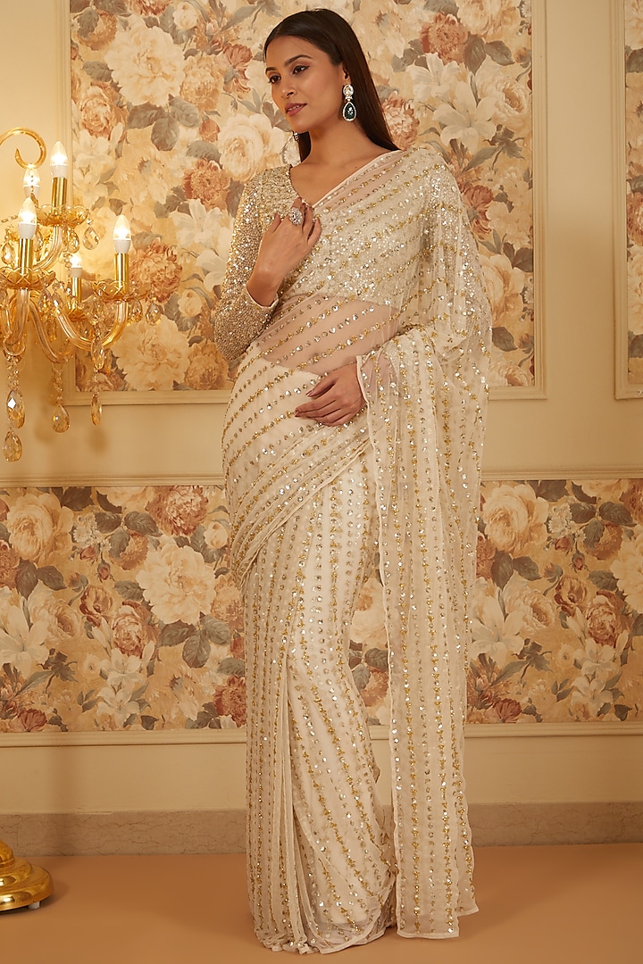 White Net Embroidered Saree Set by Astha Narang