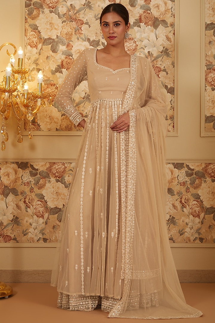 Beige Net Embroidered Anarkali Set by Astha Narang at Pernia's Pop Up Shop