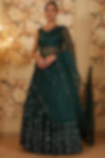 Bottle Green Organza Shimmer Bridal Lehenga Set by Astha Narang at Pernia's Pop Up Shop