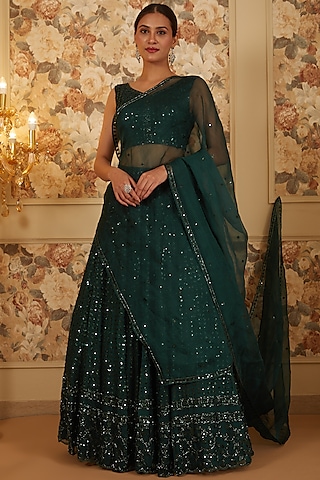 Bottle Green Organza Shimmer Lehenga Set by Astha Narang