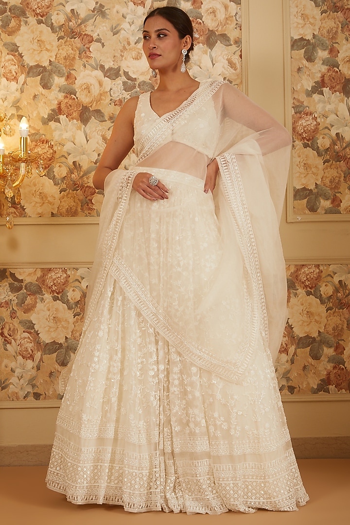 White Organza Jaal Embroidered Bridal Lehenga Set by Astha Narang at Pernia's Pop Up Shop