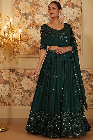 Green Georgette Embroidered Shimmer Lehenga Set by Astha Narang